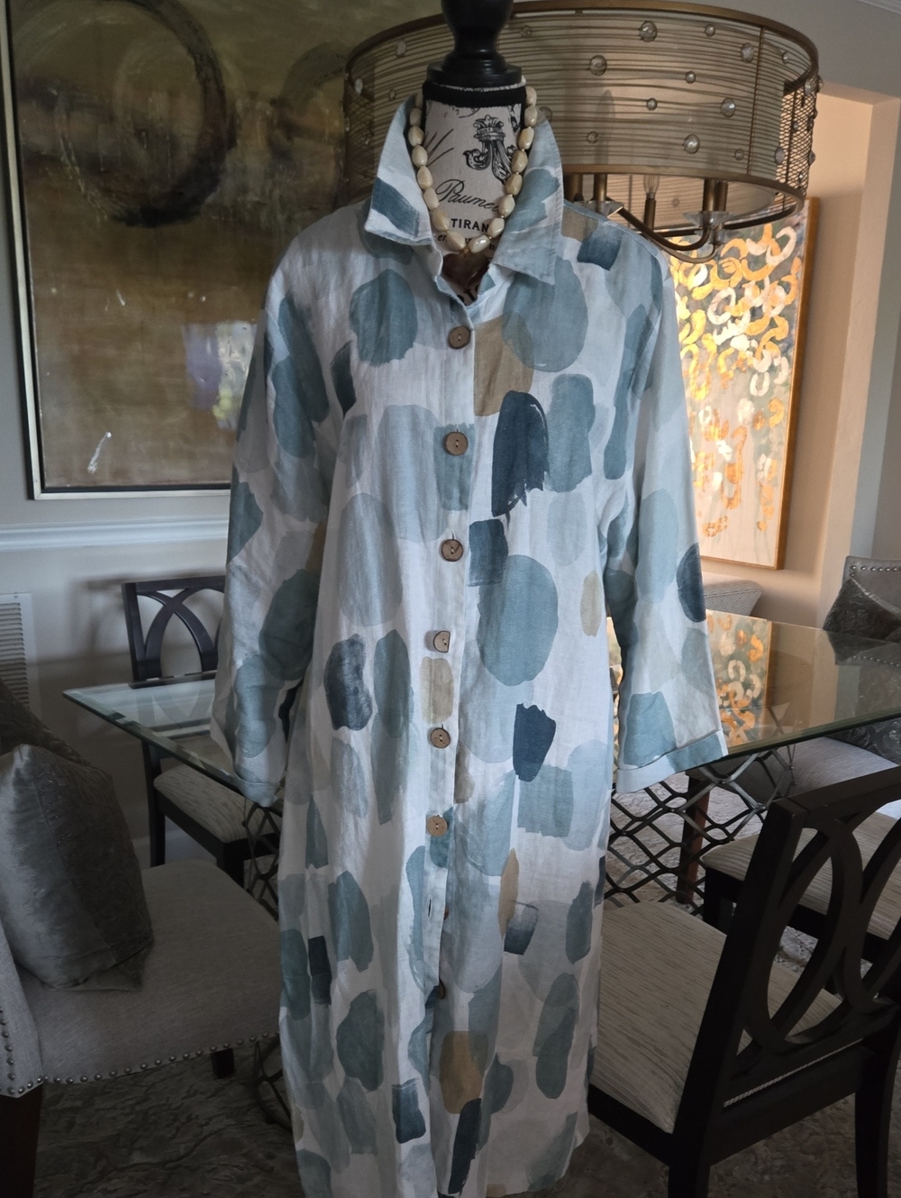 Painted Spot Midi Trench Style Tunic Blue Tan Teal W/pockets